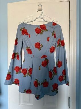 Bell sleeve Floral Romper with Red Rose Print